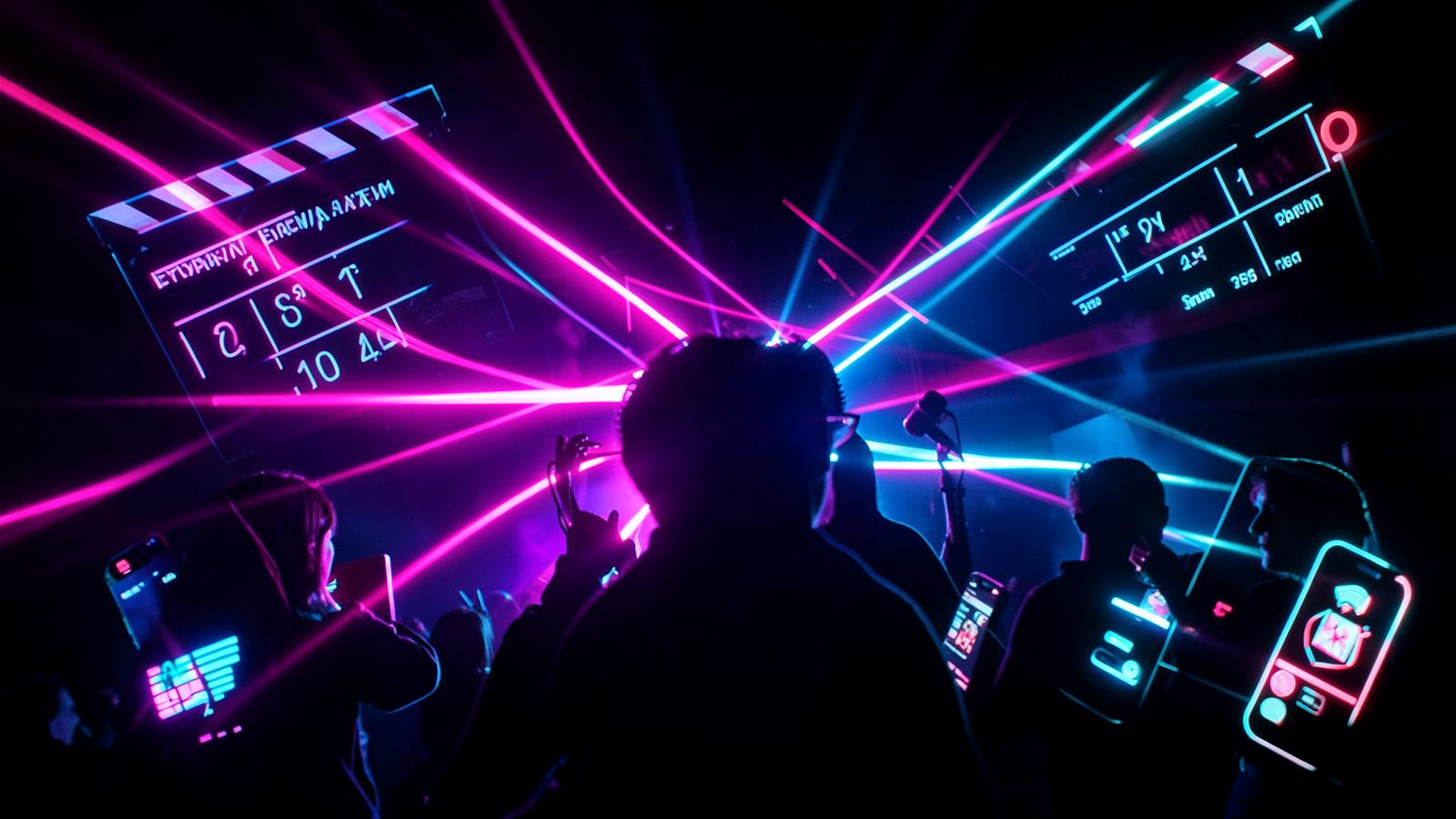 Neon-lit crowd with laser lights and glowing phone screens